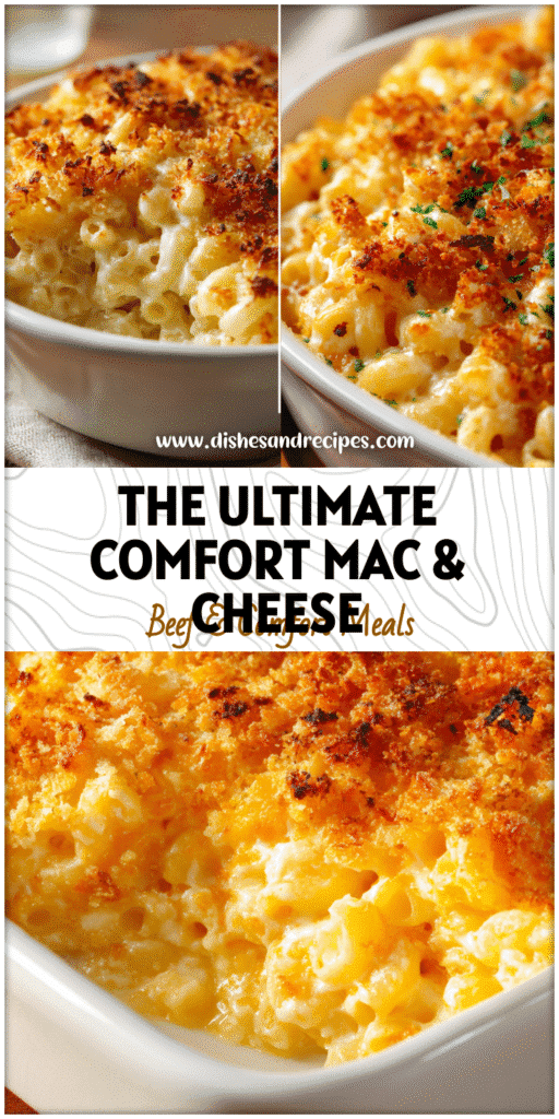 Close-up of creamy baked macaroni and cheese with golden crust in a white baking dish.